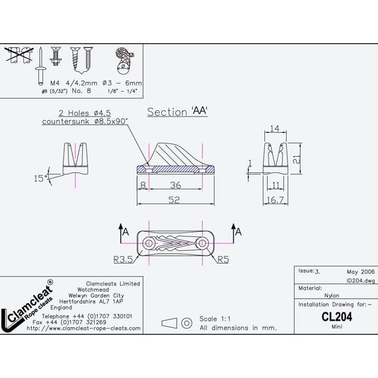 ClamCleat® Nylon Mini Noir ø3 à 6mm