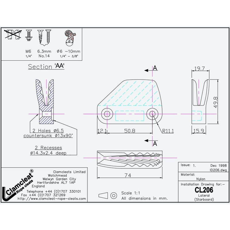 Chargez l&#39;image dans la visionneuse de la galerie, ClamCleat® Nylon Noir Horizontal Tribord ø6 à 10mm
