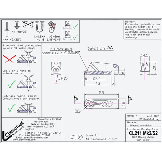 Clam-Cleat Aluminum junior CL211-S2 (with becket)