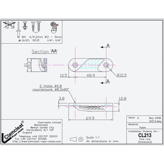 ClamCleat® Nylon Latéral Tribord ø2 à 5mm