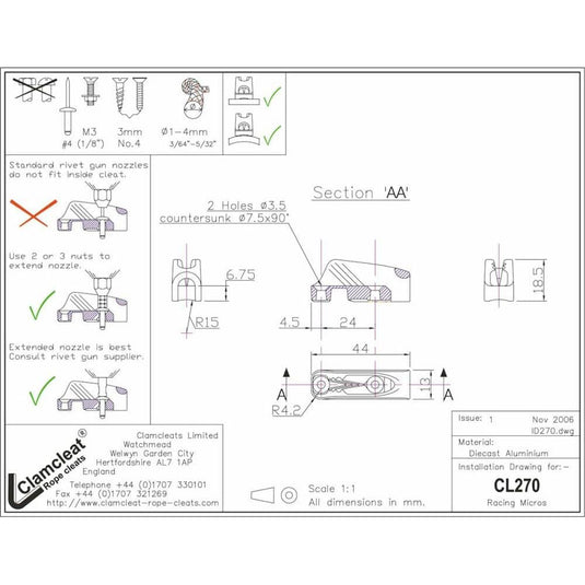 ClamCleat® Alu Micro Racing à ringot ø1 à 4mm